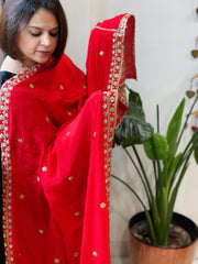 Red Crepe Dupatta with Pearl, Cut Daana, Gold Thread & Sequin Embroidery