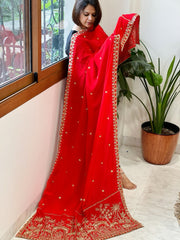 Red Crepe Dupatta with Pearl, Cut Daana, Gold Thread & Sequin Embroidery
