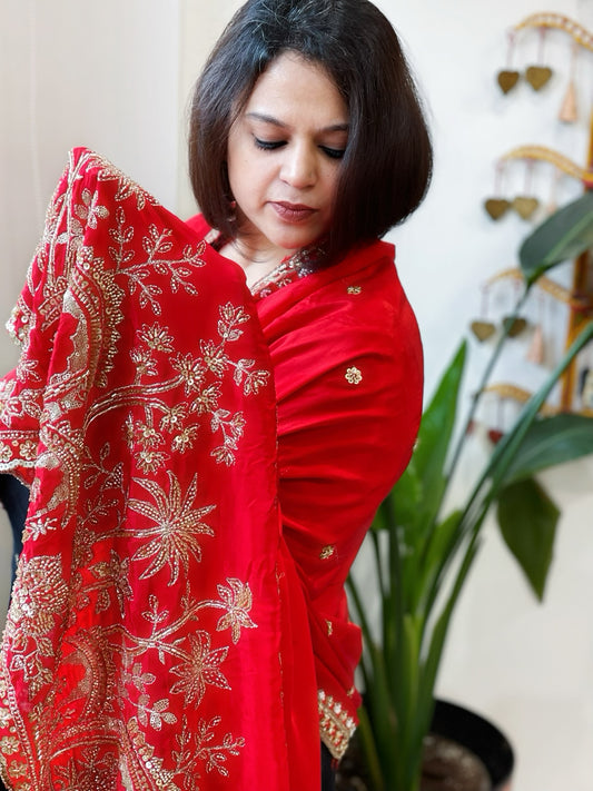 Red Crepe Dupatta with Pearl, Cut Daana, Gold Thread & Sequin Embroidery