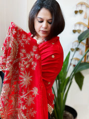 Red Crepe Dupatta with Pearl, Cut Daana, Gold Thread & Sequin Embroidery