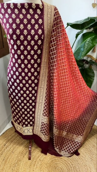 Maroon, Coral Red Handwoven Banarasi Suit Set in Pure Georgette