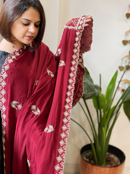 Maroon Crepe Dupatta with Pearl, Cut Daana, Gold Thread & Sequin Embroidery