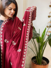 Maroon Crepe Dupatta with Pearl, Cut Daana, Gold Thread & Sequin Embroidery