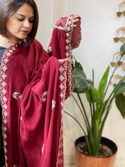 Maroon Crepe Dupatta with Pearl, Cut Daana, Gold Thread & Sequin Embroidery