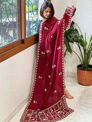 Maroon Crepe Dupatta with Pearl, Cut Daana, Gold Thread & Sequin Embroidery