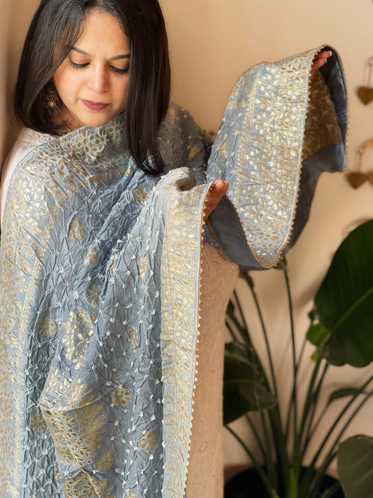 Powder Blue Banarasi Bandhej Dupatta in Silk