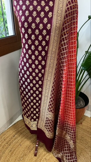 Maroon, Coral Red Handwoven Banarasi Suit Set in Pure Georgette