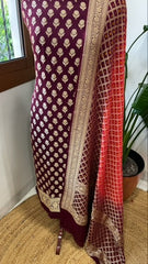 Maroon, Coral Red Handwoven Banarasi Suit Set in Pure Georgette