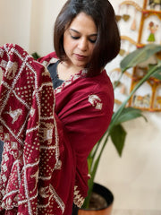 Maroon Crepe Dupatta with Pearl, Cut Daana, Gold Thread & Sequin Embroidery