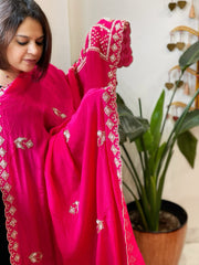 Hot Pink Crepe Dupatta with Pearl, Cut Daana, Gold Thread & Sequin Embroidery