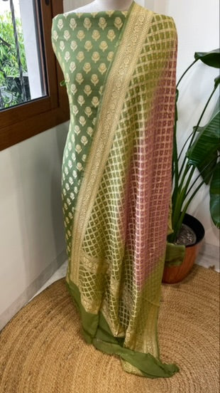 Pista Green, Mauve Handwoven Banarasi Suit Set in Pure Georgette
