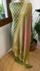 Pista Green, Mauve Handwoven Banarasi Suit Set in Pure Georgette