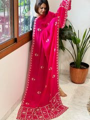 Hot Pink Crepe Dupatta with Pearl, Cut Daana, Gold Thread & Sequin Embroidery