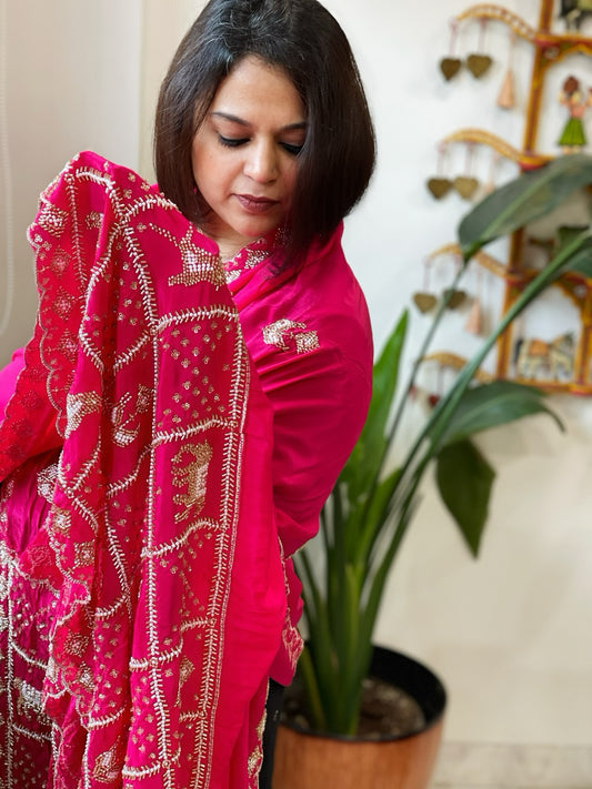 Hot Pink Crepe Dupatta with Pearl, Cut Daana, Gold Thread & Sequin Embroidery