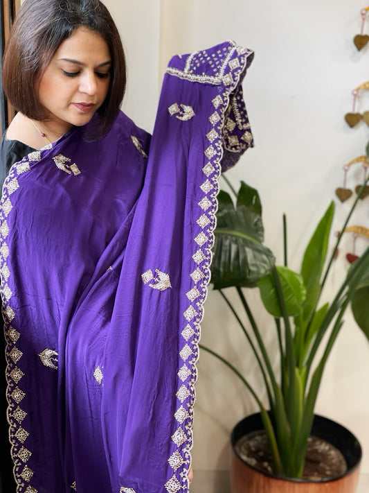 Purple Crepe Dupatta with Pearl, Cut Daana, Gold Thread & Sequin Embroidery