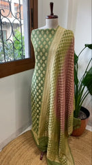 Pista Green, Mauve Handwoven Banarasi Suit Set in Pure Georgette