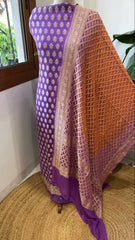 Lavender, Orange Handwoven Banarasi Suit Set in Pure Georgette