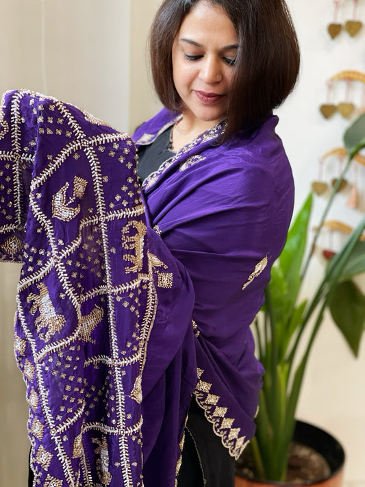 Purple Crepe Dupatta with Pearl, Cut Daana, Gold Thread & Sequin Embroidery