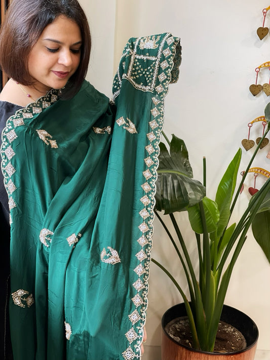 Green Crepe Dupatta with Pearl, Cut Daana, Gold Thread & Sequin Embroidery