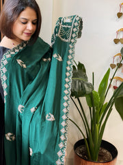 Green Crepe Dupatta with Pearl, Cut Daana, Gold Thread & Sequin Embroidery