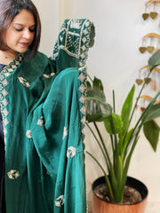 Green Crepe Dupatta with Pearl, Cut Daana, Gold Thread & Sequin Embroidery