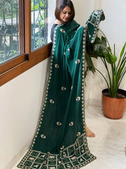 Green Crepe Dupatta with Pearl, Cut Daana, Gold Thread & Sequin Embroidery
