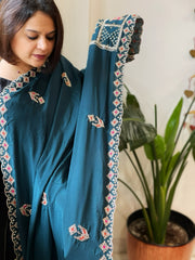 Teal Crepe Dupatta with Pearl, Cut Daana, Gold Thread & Sequin Embroidery