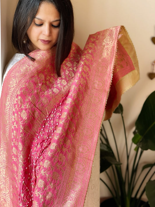 Peachish Pink Banarasi Bandhej Dupatta in Silk