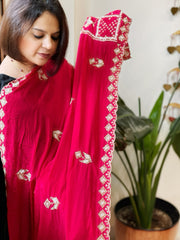 Coral Pink Crepe Dupatta with Pearl, Cut Daana, Gold Thread & Sequin Embroidery
