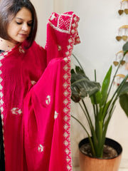 Coral Pink Crepe Dupatta with Pearl, Cut Daana, Gold Thread & Sequin Embroidery