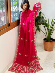 Coral Pink Crepe Dupatta with Pearl, Cut Daana, Gold Thread & Sequin Embroidery