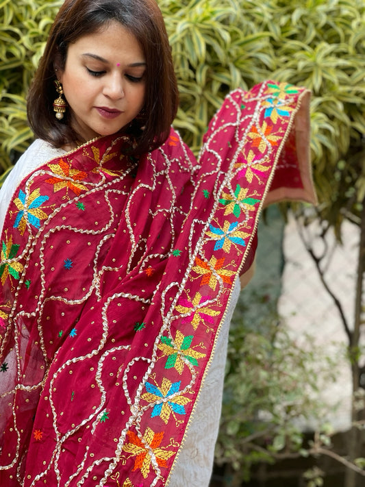 Maroon Handmade Phulkari Dupatta in Pure Chinon with Gota Handwork