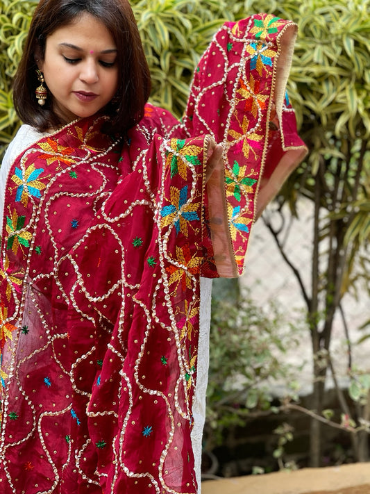 Maroon Handmade Phulkari Dupatta in Pure Chinon with Gota Handwork