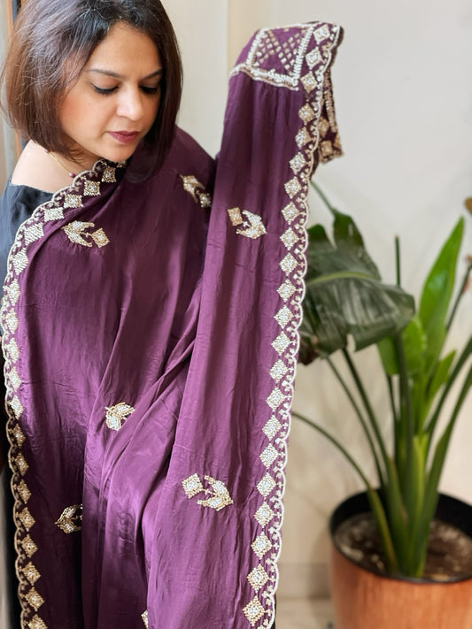 Wine Crepe Dupatta with Pearl, Cut Daana, Gold Thread & Sequin Embroidery