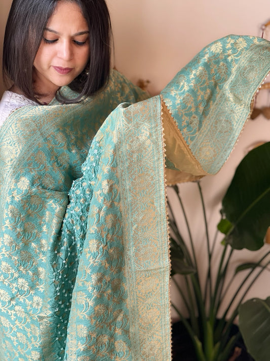 Aqua Blue Banarasi Bandhej Dupatta in Silk