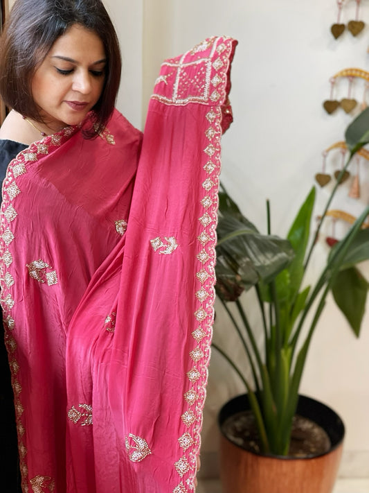 Pink Crepe Dupatta with Pearl, Cut Daana, Gold Thread & Sequin Embroidery