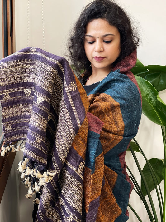 Handwoven Bhujodi Shawl in Pure Tussar and Wool