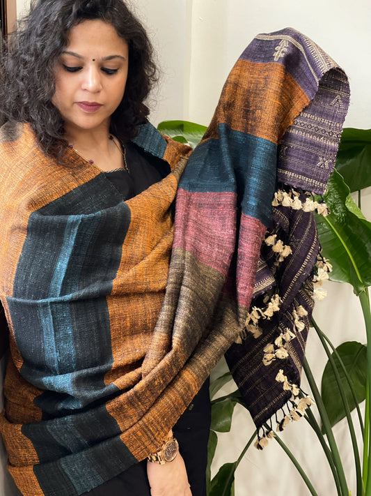 Handwoven Bhujodi Shawl in Pure Tussar and Wool