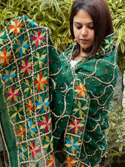 Green Handmade Phulkari Dupatta in Pure Chinon with Gota Handwork