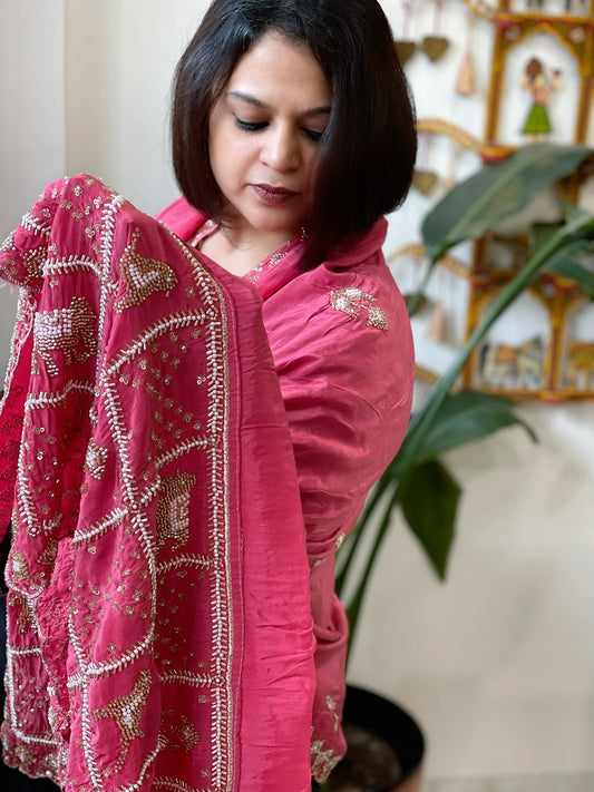 Pink Crepe Dupatta with Pearl, Cut Daana, Gold Thread & Sequin Embroidery