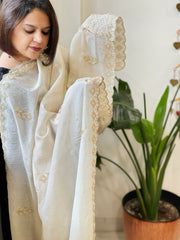 Pearl White Tissue Chanderi Dupatta with Pearl, Cut Daana, Gold Thread & Sequin Embroidery