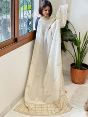 Pearl White Tissue Chanderi Dupatta with Pearl, Cut Daana, Gold Thread & Sequin Embroidery