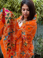 Orange Handmade Phulkari Dupatta in Pure Chinon with Gota Handwork