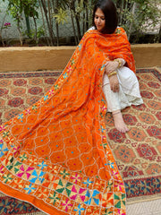 Orange Handmade Phulkari Dupatta in Pure Chinon with Gota Handwork