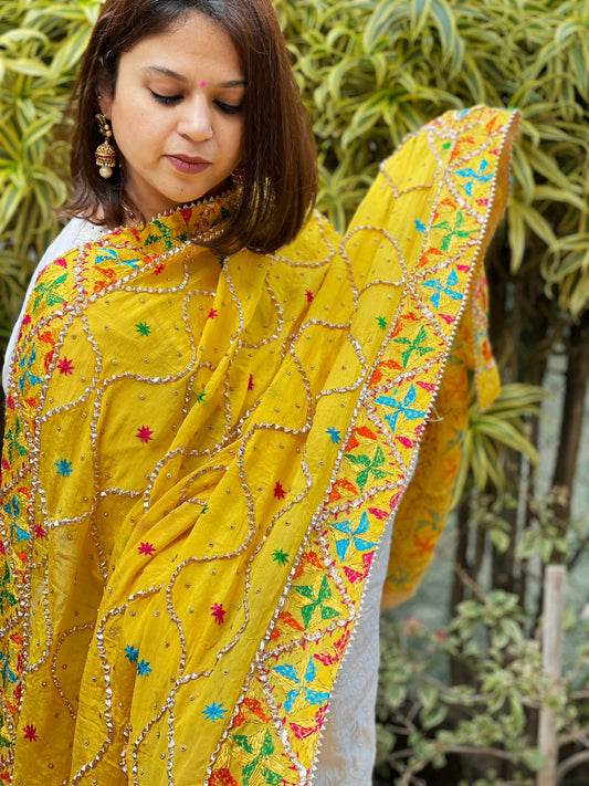 Yellow Handmade Phulkari Dupatta in Pure Chinon with Gota Handwork