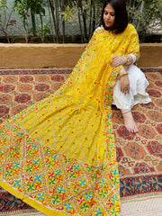 Yellow Handmade Phulkari Dupatta in Pure Chinon with Gota Handwork
