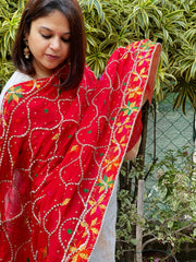 Red Handmade Phulkari Dupatta in Pure Chinon with Gota Handwork