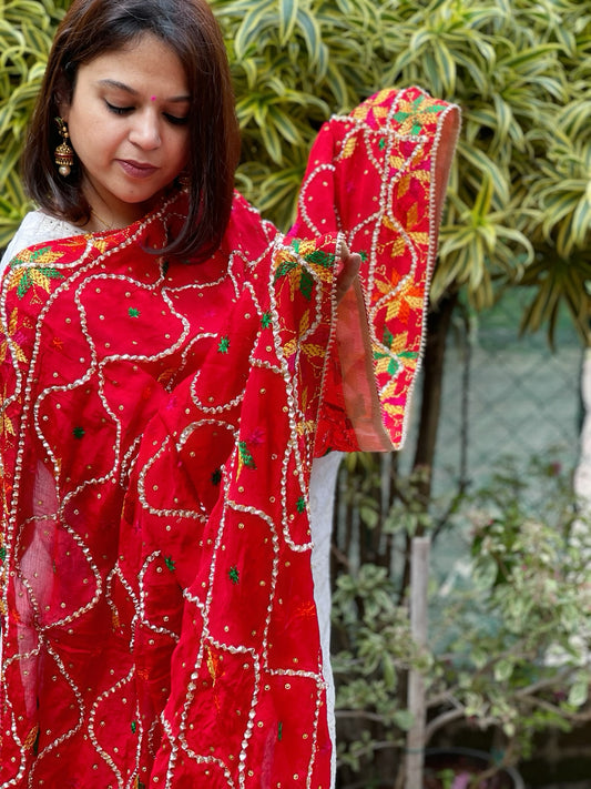 Red Handmade Phulkari Dupatta in Pure Chinon with Gota Handwork