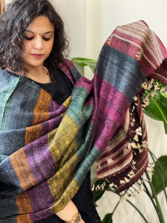 Handwoven Bhujodi Shawl in Pure Tussar and Wool