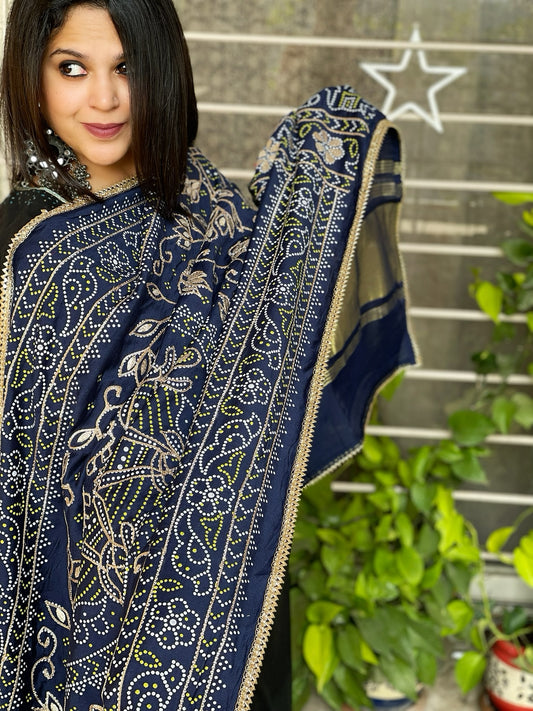 Navy Blue Printed Bandhej Dupatta with Gotapatti Work